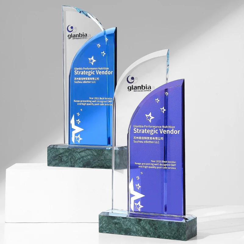 Wholesale Business Souvenir Crystal Glass Trophy Elegantly Designed Marble Medals and Plaques Trophy