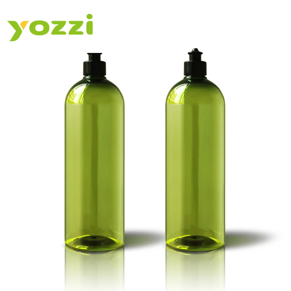 Wholesale pet plastic 1000ml green transparent slender high pull cap detergent liquid dish soap empty bottle 1000 ml dish soap