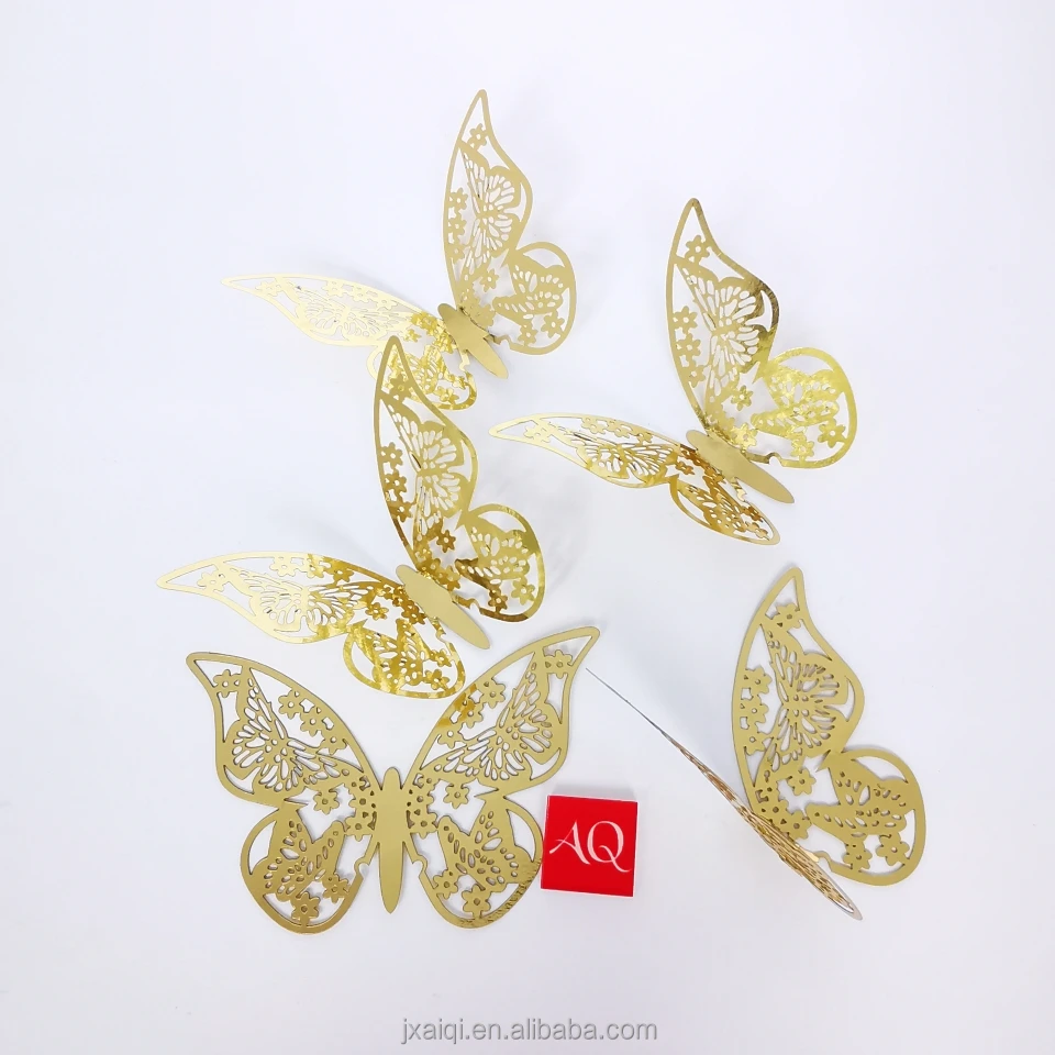 5 Pcs/Pack 10cm 12cm wide Glitter Gold Color Hollow 3D Butterfly Decor Wall Sticker Set For wedding Party Decoration