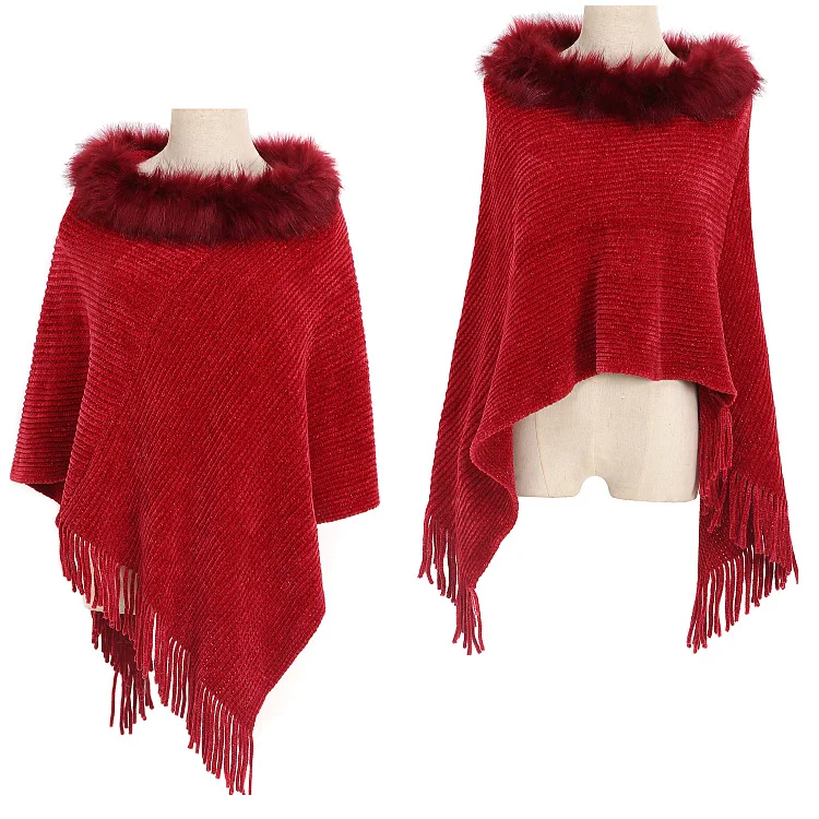 new scarf European American lady chenille poncho with fur collar winter keep warm sweater with Shiny yarn knit shawl for women