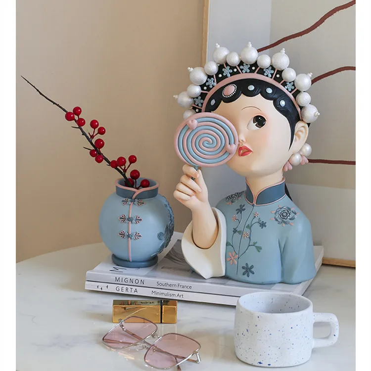 Classical Peking Opera Girl Doll Gift Resin Flower Vase Countertop Decoration