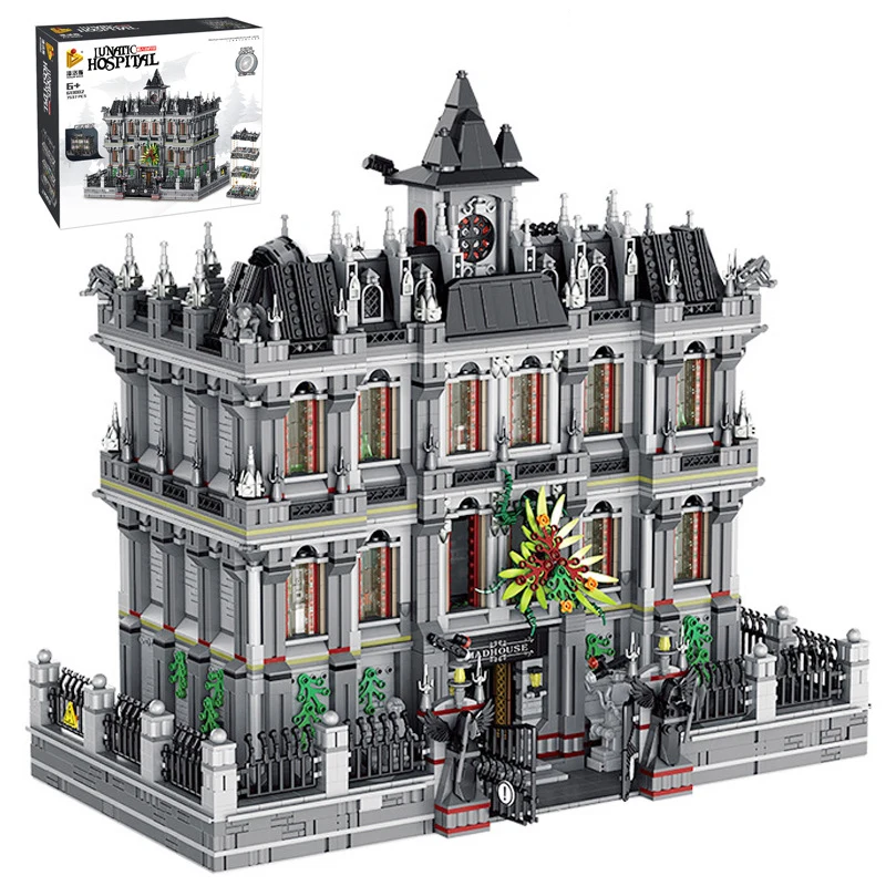 Panlos 613002 Lunatic Hospital Brick Block City Architecture Moc Famous Movie Modern House Street View Toy for Child Gift