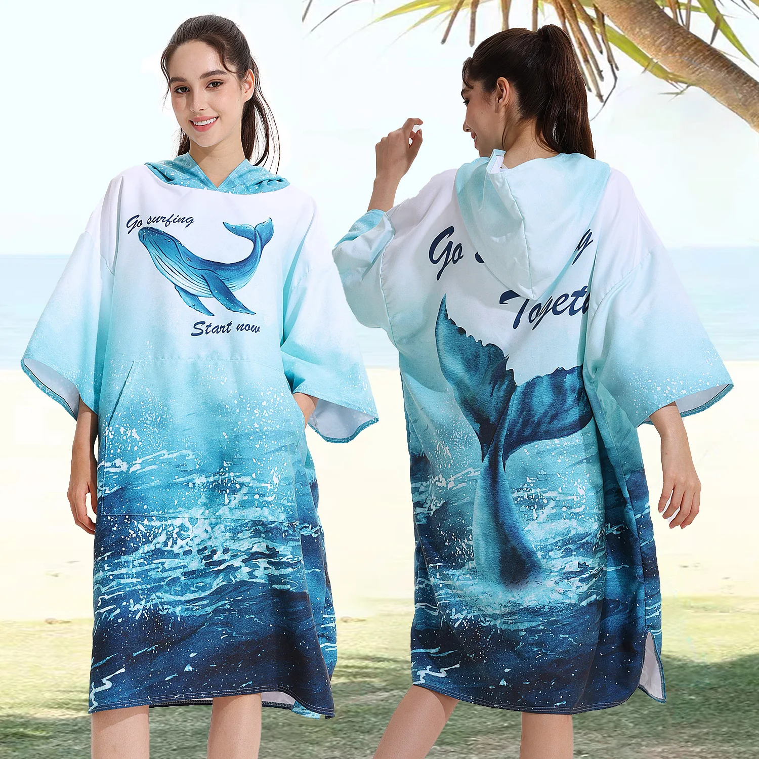 Wholesale Printed Quick Dry Adult Bath Beach Surf Hooded Microfiber Changing Robe Poncho Towel