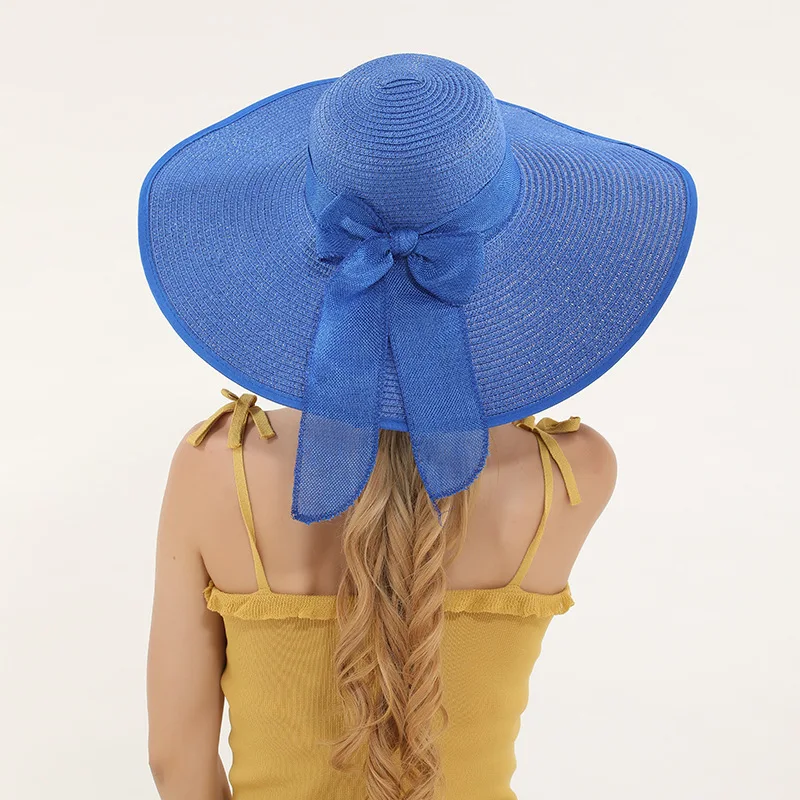 Wholesale large-size hat brim straw hat beach travel lady bow sunshade folding sun summer knitting hat