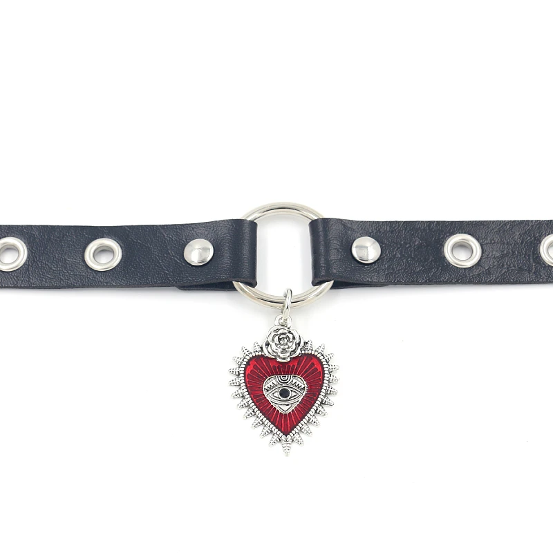 Punk Harajuku Accessories Vintage Gothic Rivet Choker Red Eyes Heart shaped Pendant Leather Collar for Women