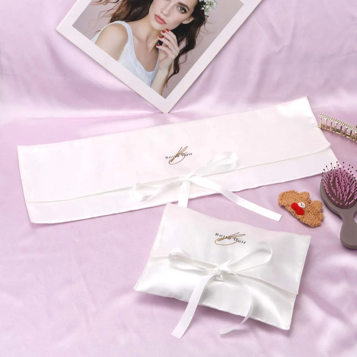 Custom Logo Printing White Satin Hair Headwear Packing Envelope Pouch Luxury Gift Jewelry Satin Bag With Ribbon