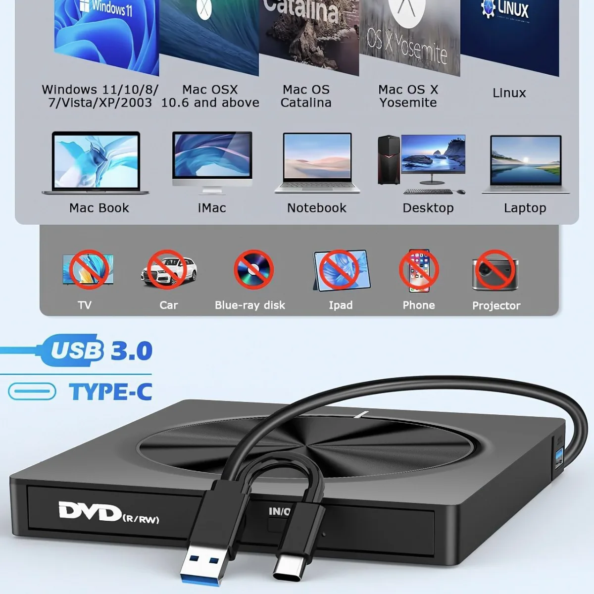 USB 2.0 Slim Portable External CD-RW Drive DVD-RW Burner Writer Player for Laptop Notebook PC Desktop External CD DVD Drive