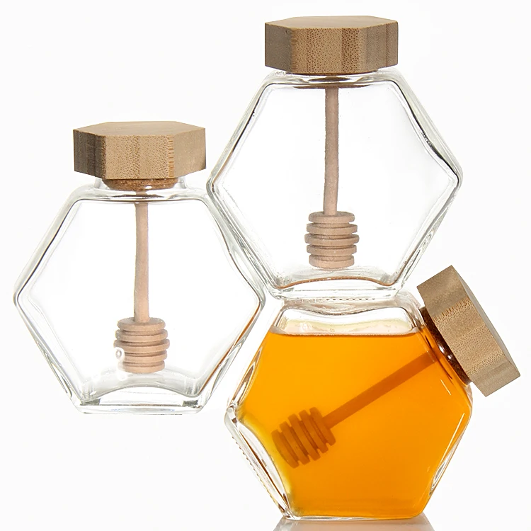 Hexagonal honey pot 500g bee honey glass jar glass bottle for honey with wooden cap and dripper