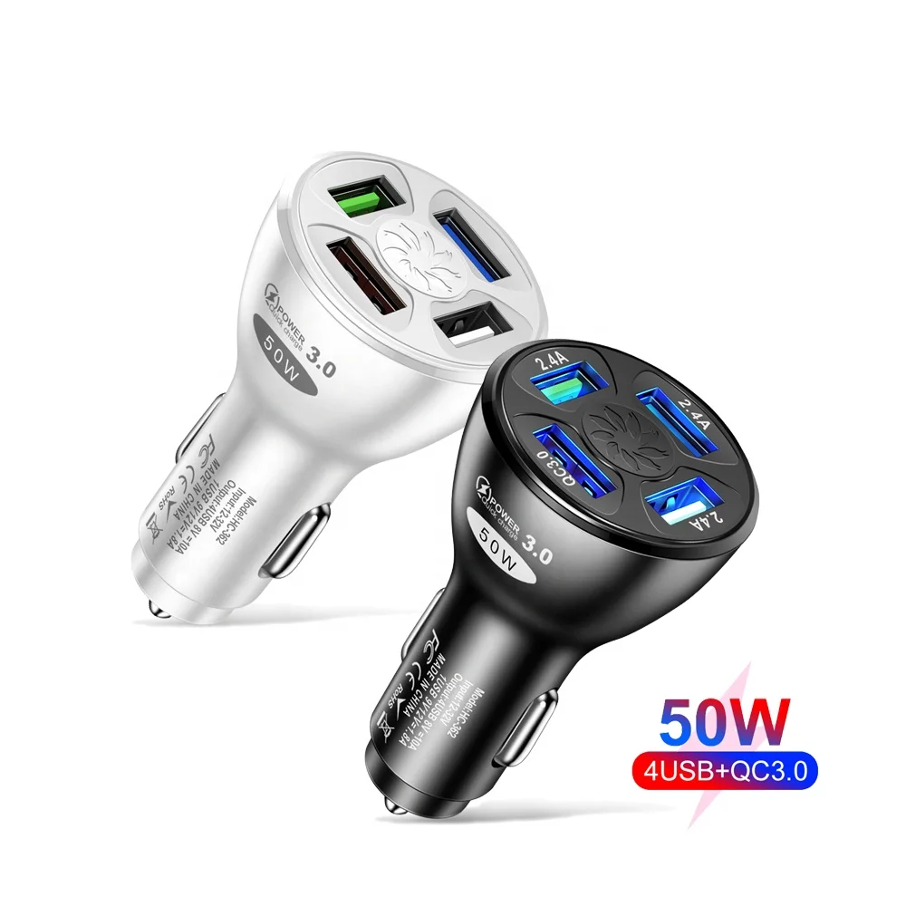 Promotional Gift 50W Universal 4 USB Multiport Ports Fast Car Cigarette Adapter Phone Charger