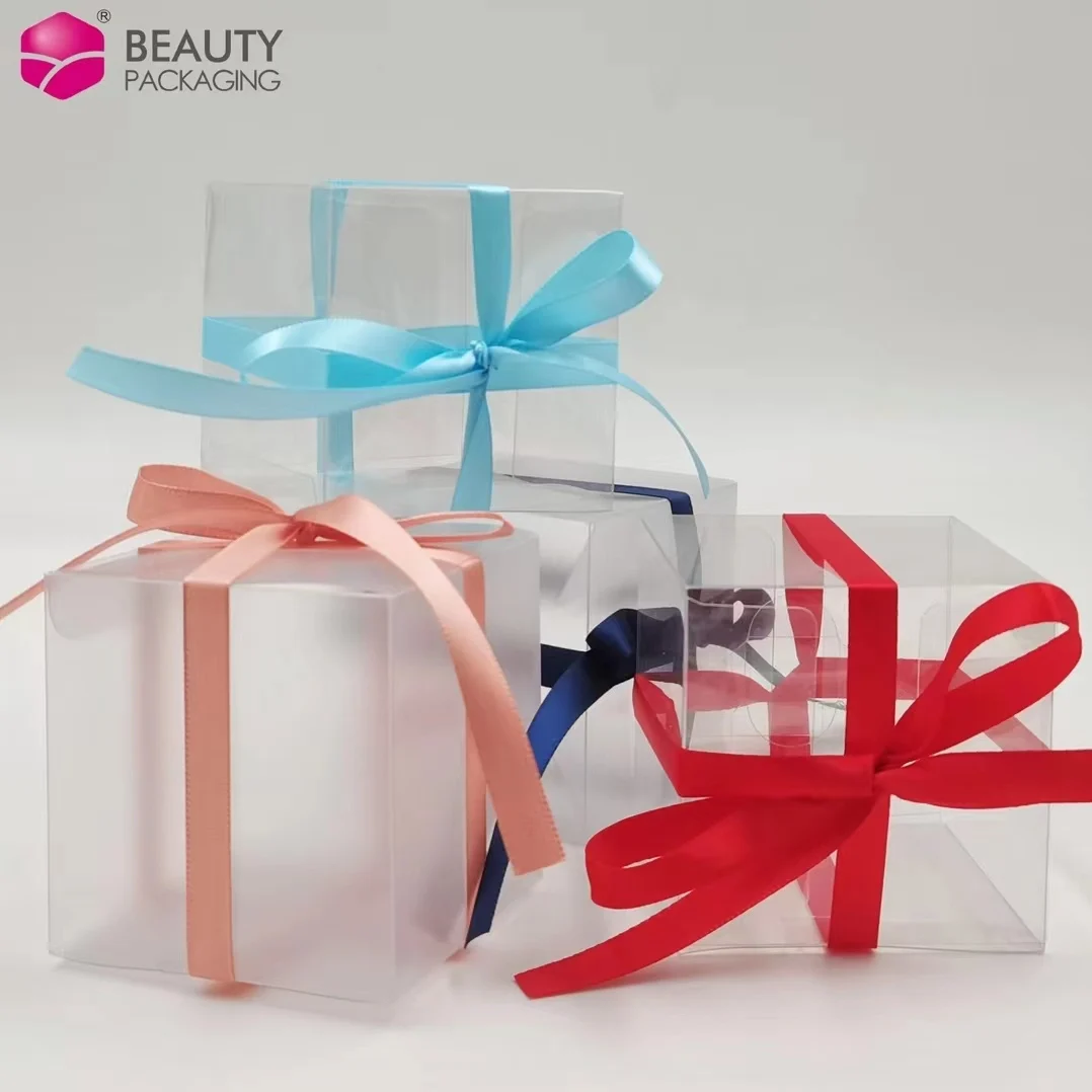7*7*7 Clear PVC Box For Small Gifts Wedding Candy Box With  Colored Ribbon