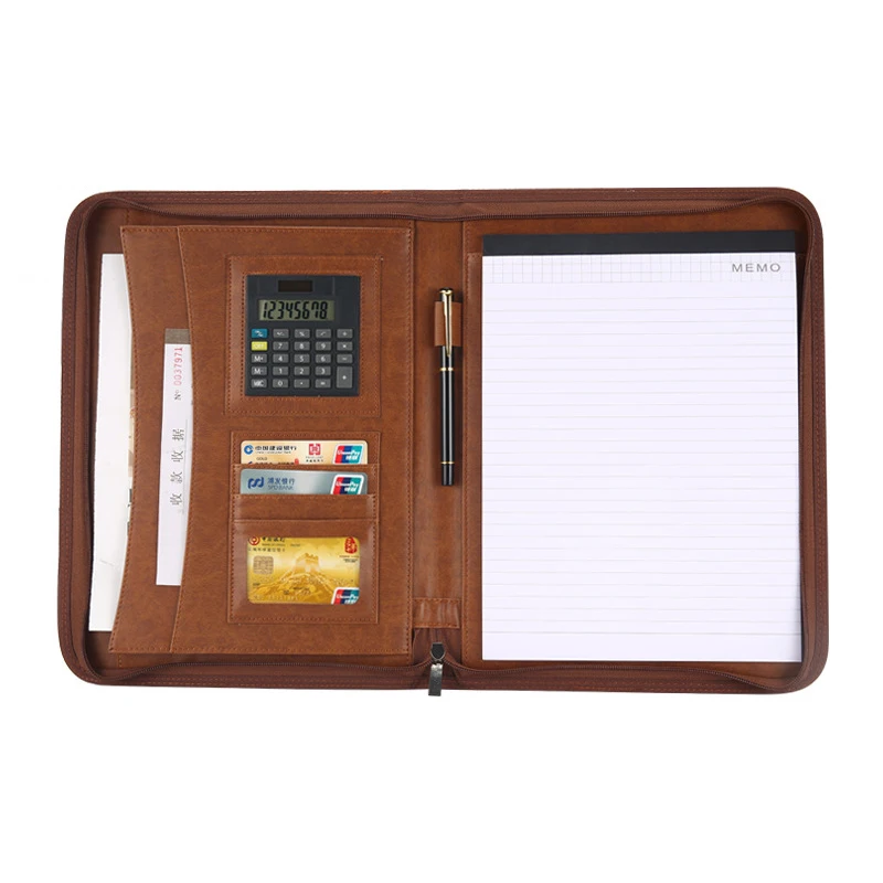 wholesale A4 A5 custom leather diary notebook wallets zippered document case file padfolio portfolio binder folder for arkwork