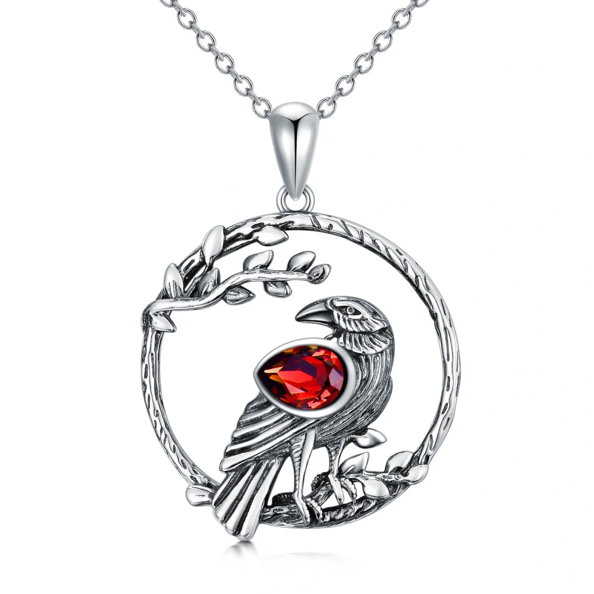 Hot Sale Jewelry for Women 925 Sterling Silver Red Crystal Oxidized Raven Pendant Necklace