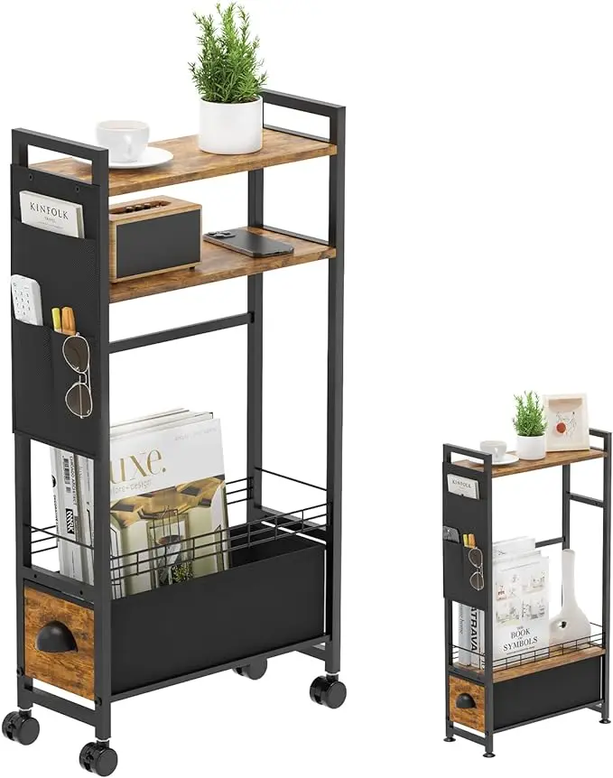 Узкие боковые столики с выдвижным ящиком для хранения, небольшая тумбочка с подставкой для журналов, колеса для небольших помещений, тонкая обтягивающая