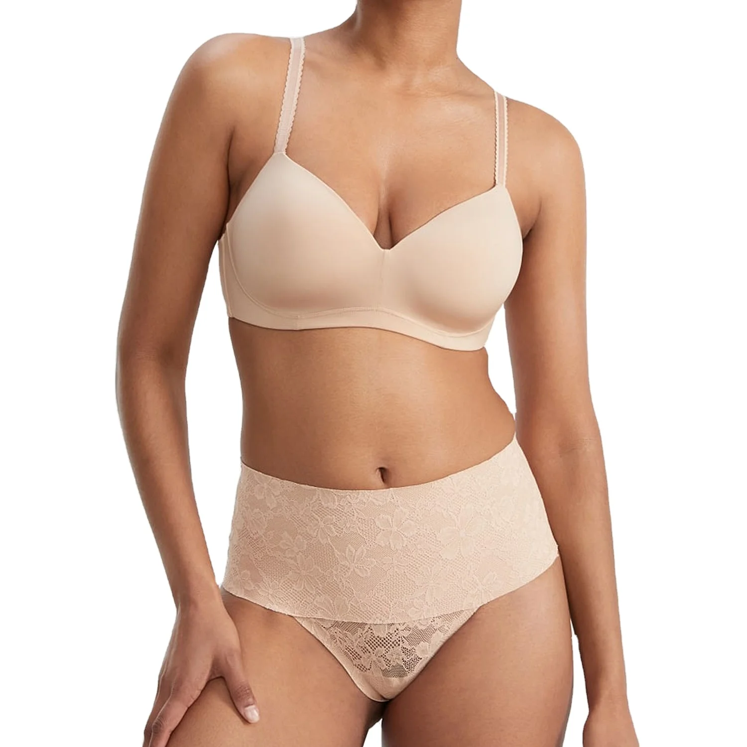 High-rise shaping waistband with patterned lace Thong Raw cut edges on waistband and leg openings Bra and Panty Set