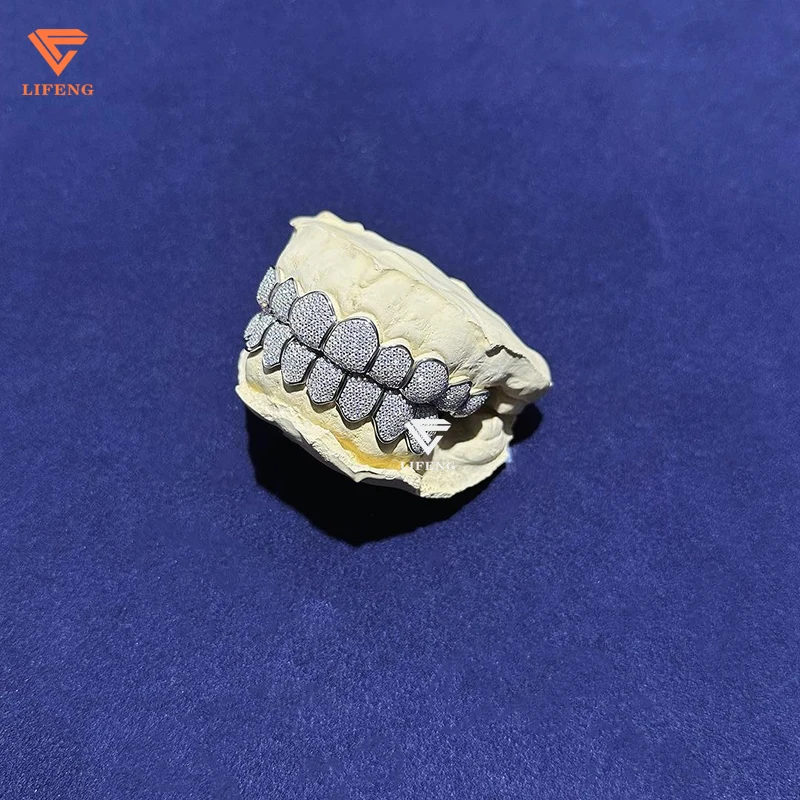 Custom HIphop Sterling Silver Teeth Grillz Honeycomb Setting VVS Moissanite Perm Cut Diamond Iced Bling Bling Jewelry