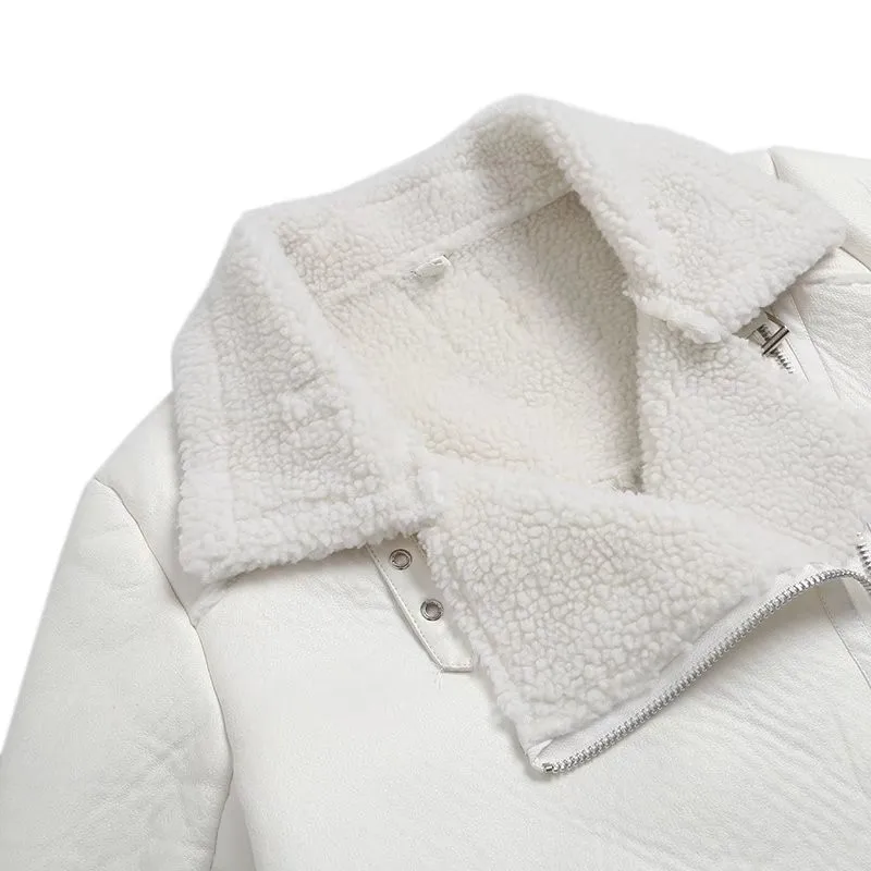 Women beige fur faux leather jacket coat with belt turn down collar Short Winter Jacket Women Thick Warm Oversized Coat