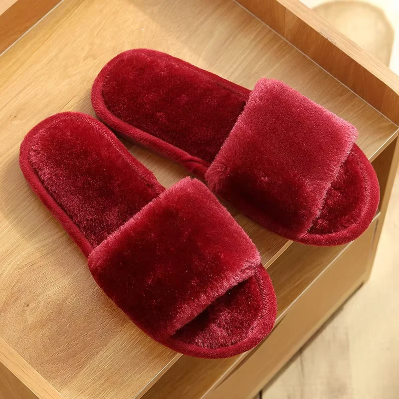 Wholesale open toe soft fashion winter lady men slides plush slippers for women cotton house shoes