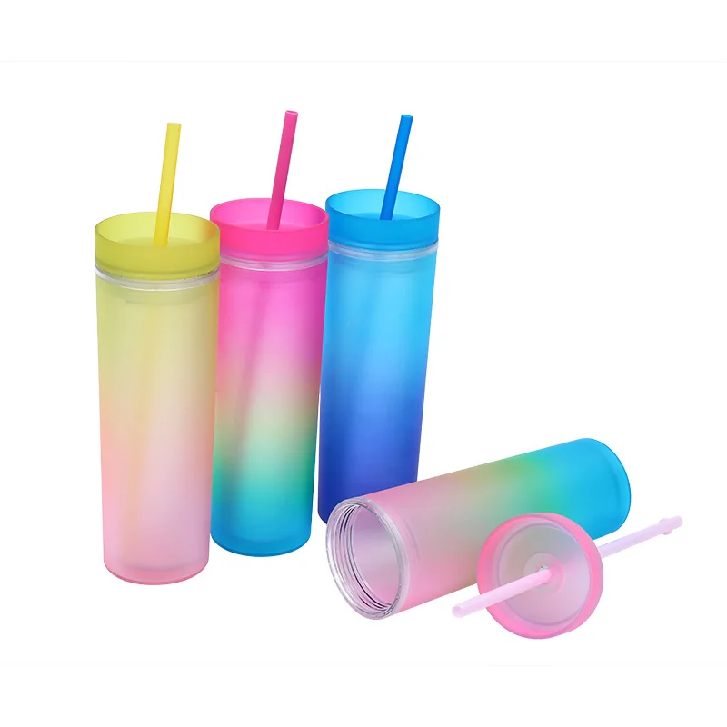 Trending Products 16oz Gradient colors Double Wall Plastic Tumbler with Lid and Straw
