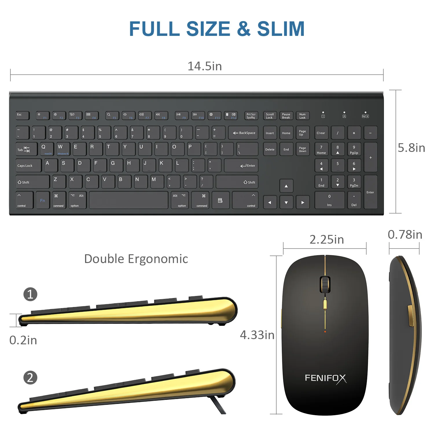 Dual System Switching Ergonomic Slope Selection 2.4G Full Size 104 Key Scissors-key Quiet Wireless Keyboard and Mouse Combos