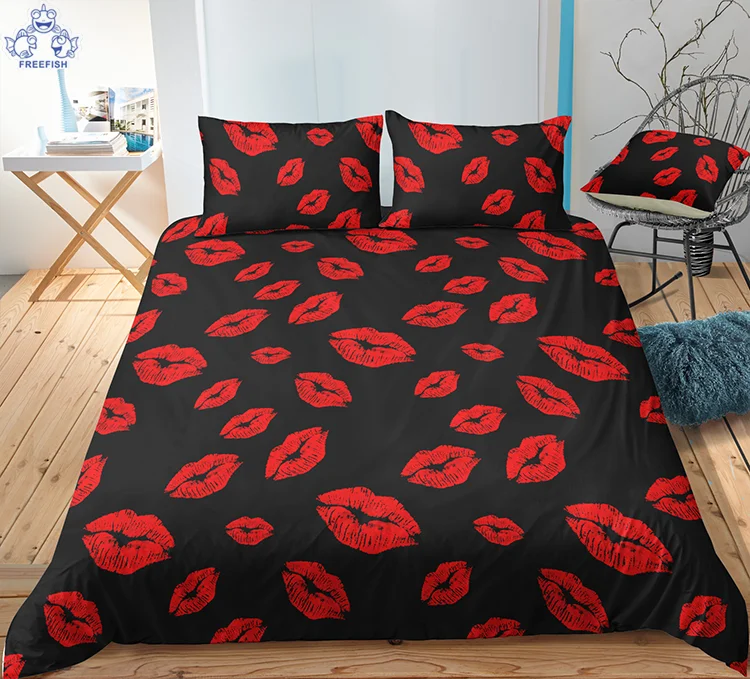 Duvet Cover Full Size, Romantic Couples Red Lips Kiss Printed Quilt Cover Set, for Valentines Day Wedding Decorations