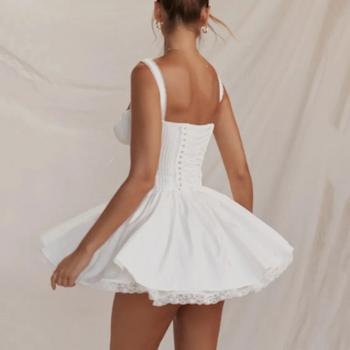 Customized Women Casual Dresses Fashion Elegant Double Lace Splice Short Length Mini Summer Dresses