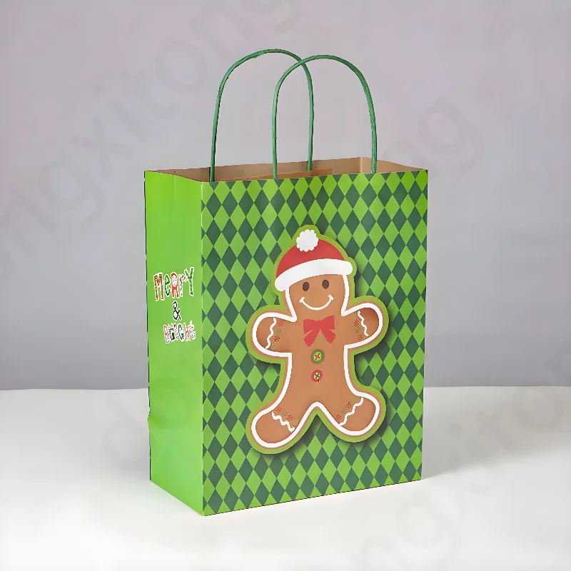 Custom Printed Biodegradable Kraft Paper Bags Christmas Themed for Shopping Food with Custom Logo for Clothing Gift Packaging