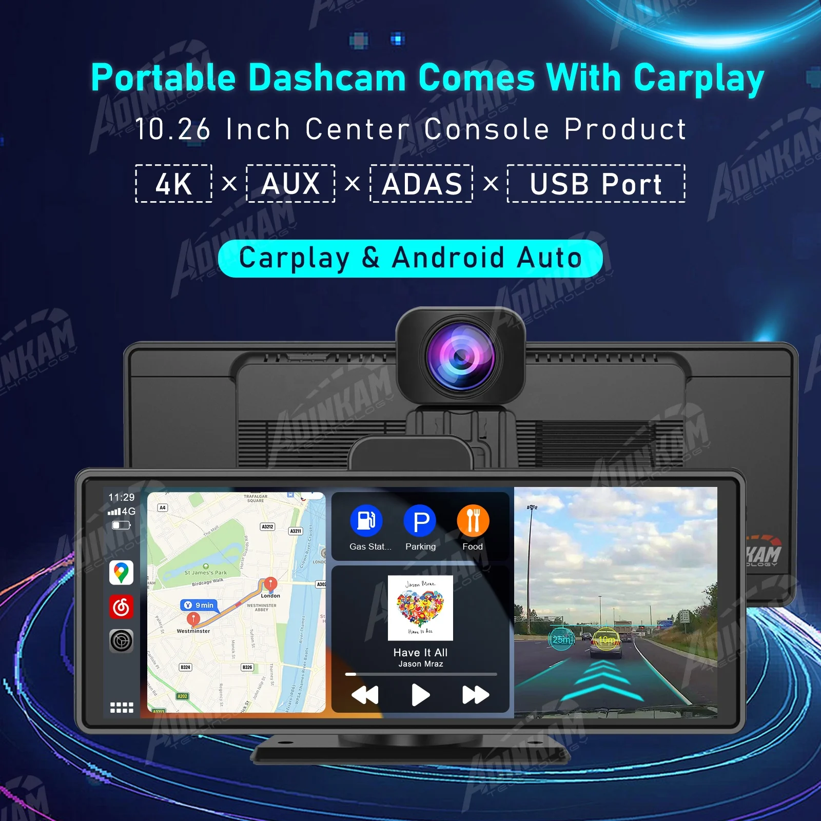 Видеорегистратор ADINKAM 10 26 дюйма Android H.265 ADAS AUX 4K передняя и задняя