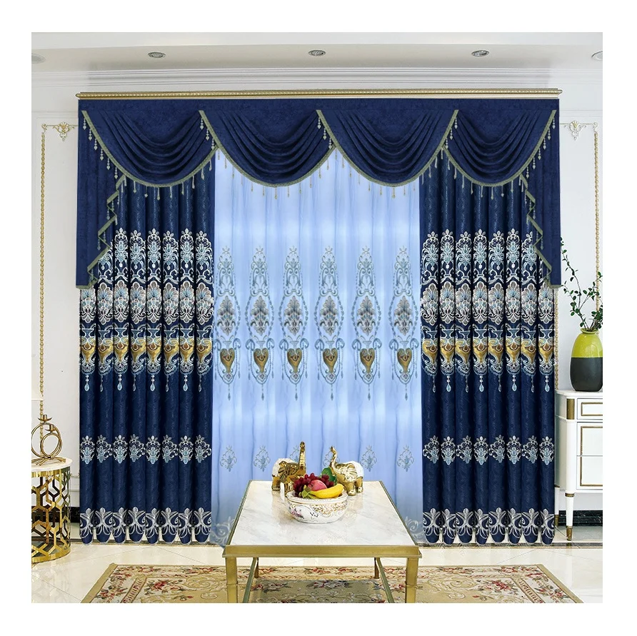 custom new Europe Jacquard fabric luxury Embroidered living room hotel bedroom navy blue blackout window curtains for home
