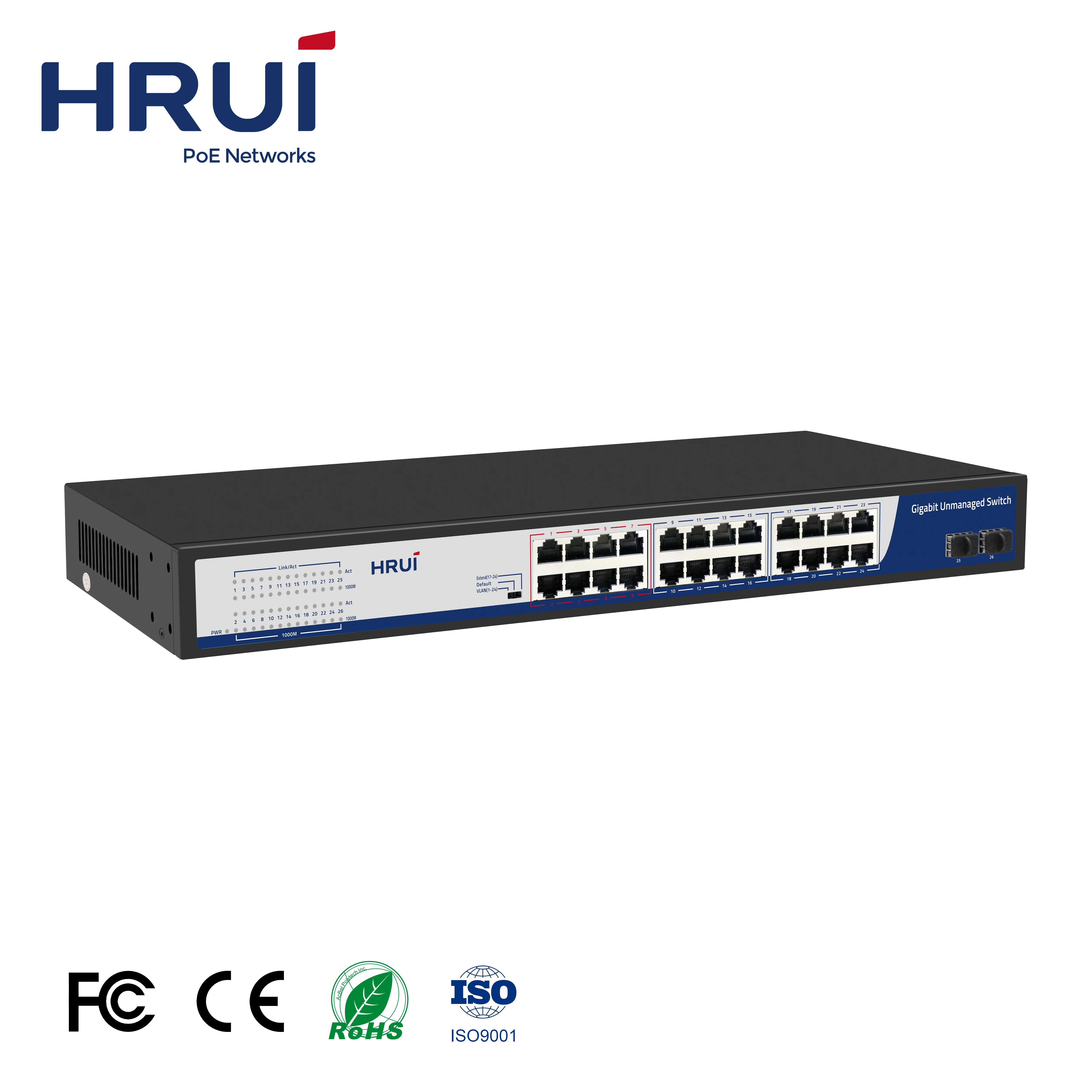 Интеллектуальный коммутатор HRUI Ethernet 52 Гбит/с Поддержка VLAN по умолчанию расширение 26 портов гигабитный 2 порта Uplink SFP