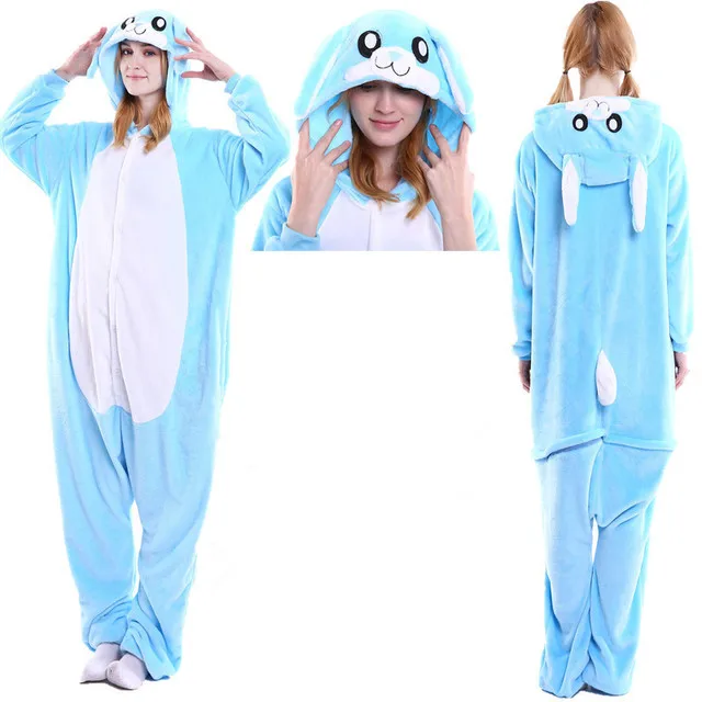 Women Winter 2021 Warm Hooded Cute Animal Onsies Pink Rabbit Unisex Pajamas Set Sleepwear With Flannel Cartoon Pyjamas For Adult