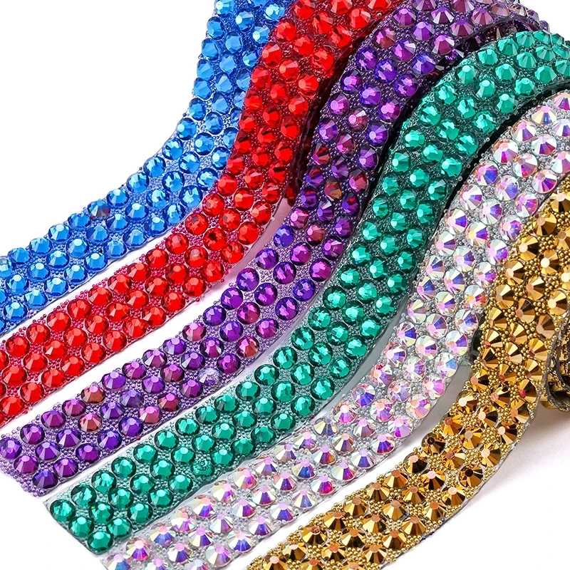 1 Yard 15mm Mix Color Hotfix Crystal Glass Rhinestones Chain Tape Applicator Ribbon Appliques Strass For DIY Dress Jewelry