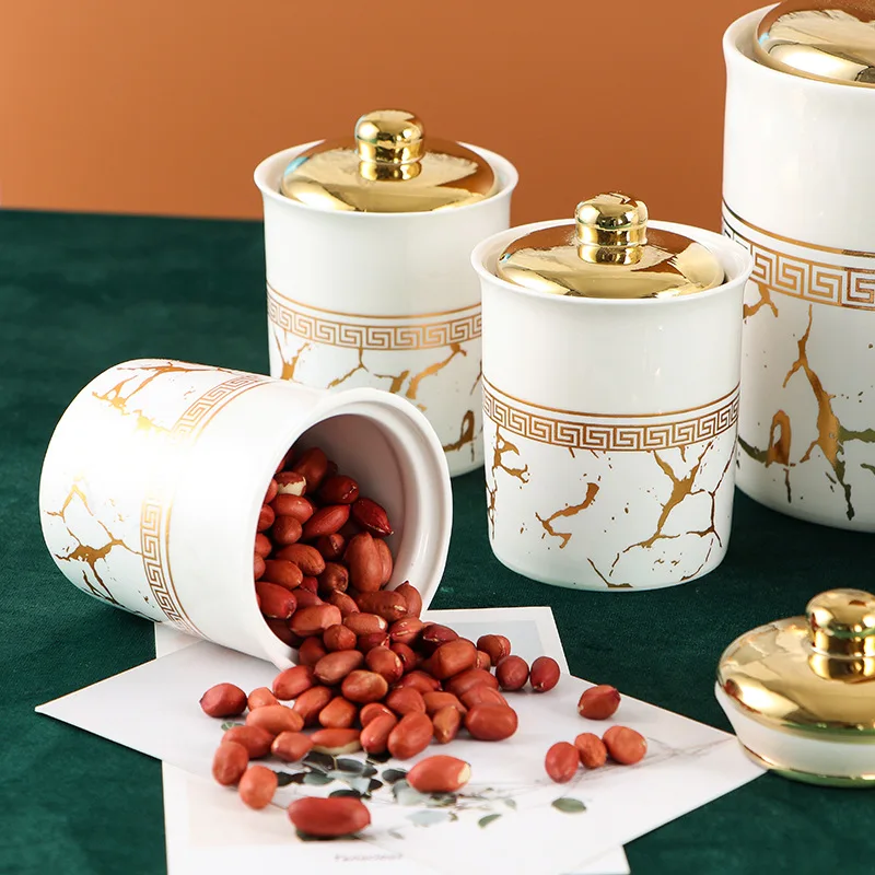 Kitchen Sealed Jar Set Food Container with Shelf Ceramic New Marbled Black Gold and White Gold Multifunction Kitchen Storage
