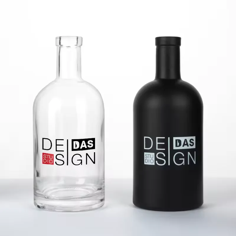 Classic design 750ml powder coating spirits alcohol glass bottle 700ml round Black Vodka glass bottle with cap