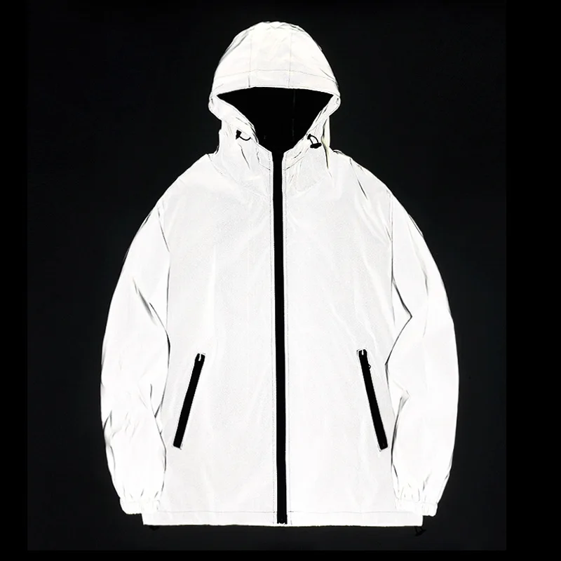 Outdoor Sport Night Running Cycling Thin Plain Windproof Half Black Gray Splicing Reflective Shiny Glowing Zipper Hoodie Jacket