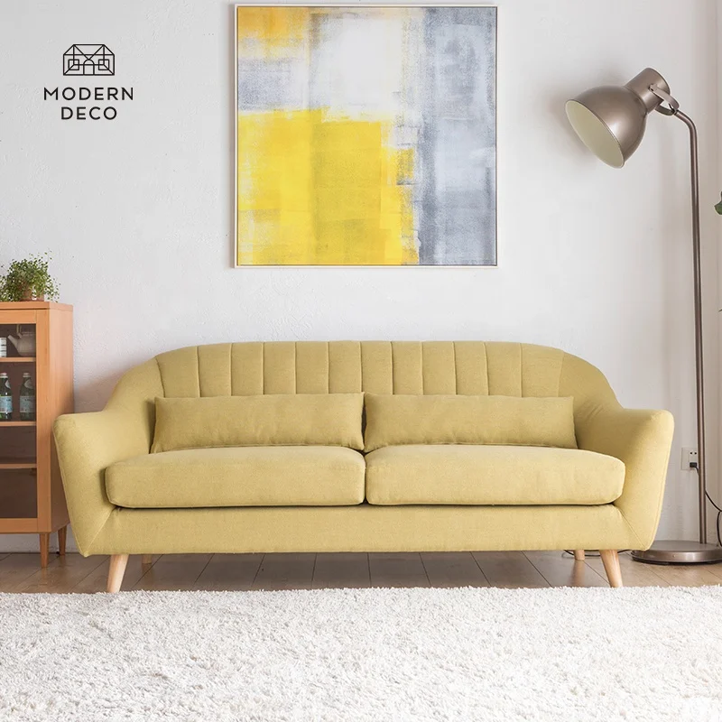 three-seater curved back sofas couchs soffa furniture fancy modern design 3 seater upholstered lemon yellow colour custom made