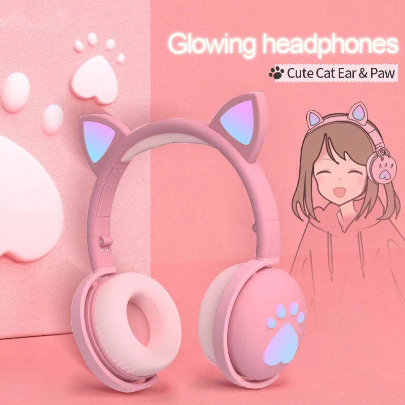 Headphones glowing cute LED Cat Ear Paw Girls Gift Kids Headset Wireless HIFI Stereo Bass 3.5mm Plug With Mic