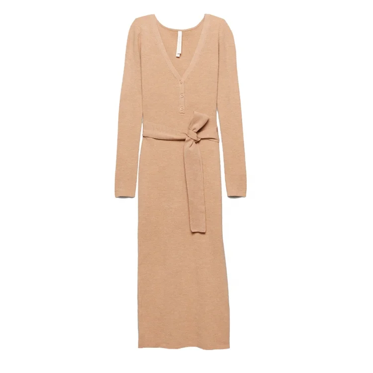 Knitwear manufacturer women casual long sleeves hollow out bodycon sexy wrap midi knitted sweater dress