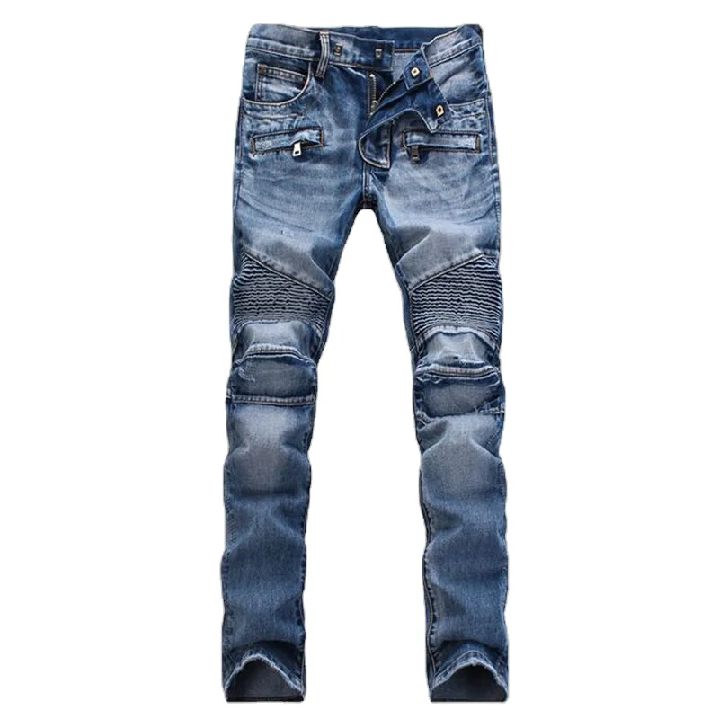Fashionable jeans light color pleated slim straight zipper trim motorcycle jeans for men