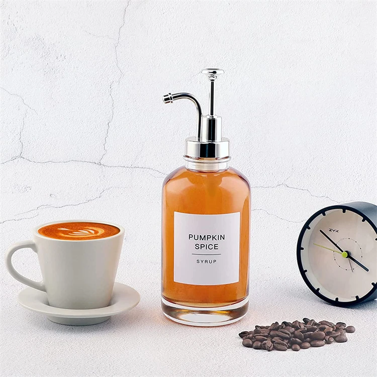Hot 16oz 500ml Coffee Honey Dispenser Gold Pump Coffee Syrup Dispenser Glass Bottle for Coffee Bar