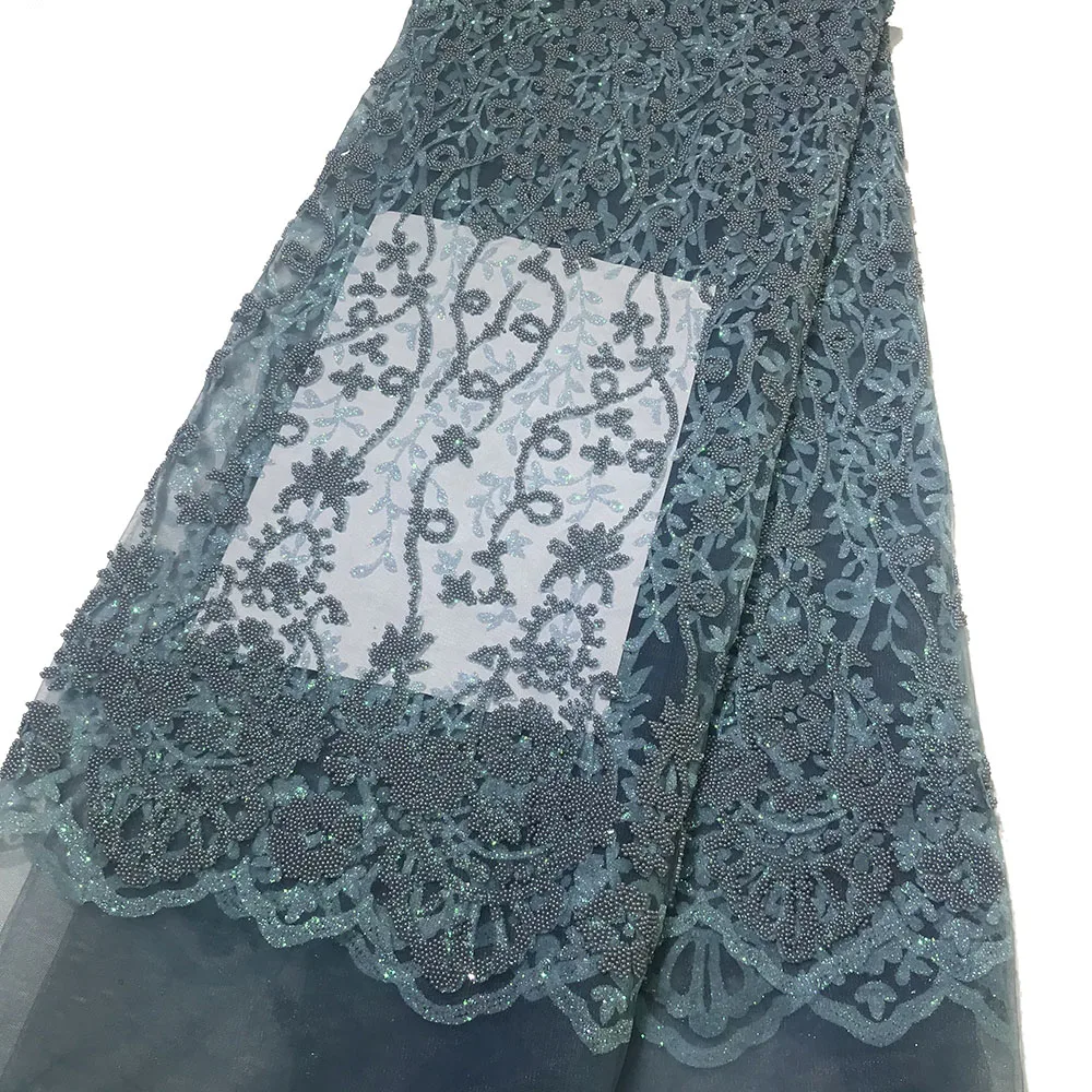 Navy Blue African Luxury Design Glued Beads Floral Lace Fabrics Shining Glitter Sequined Tulle Mesh for Sewing Women Party Dress