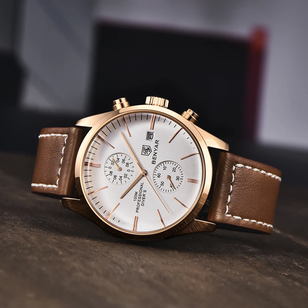 BENYAR 5187 2024 New Multifunctional Quartz Leather Watch with mens business and Leisure Calendar custom logo watch