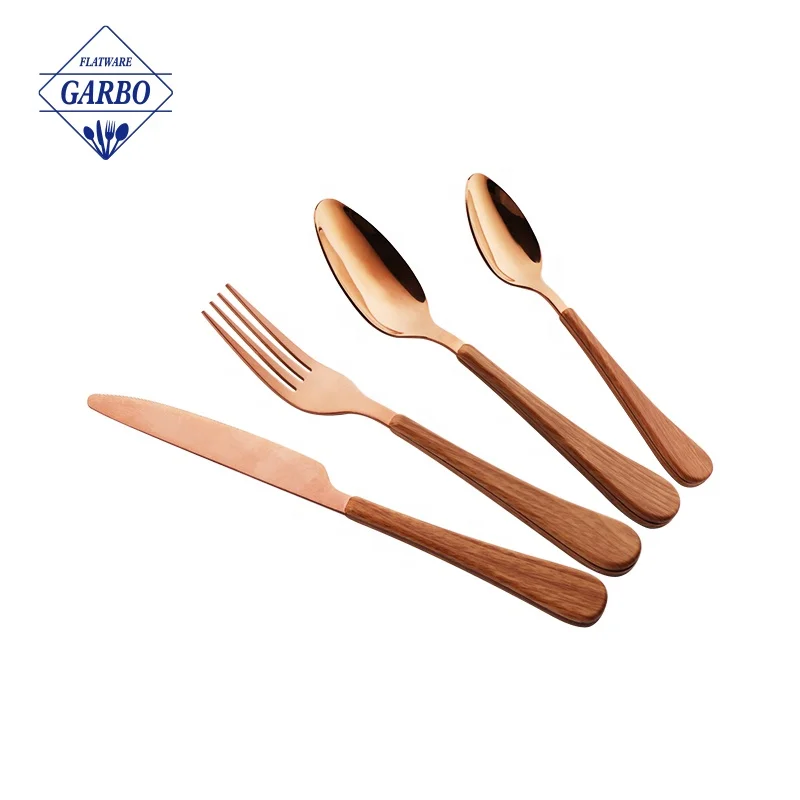 Wholesale Food Grade Rose Gold Stainless Steel Flatware Set Tableware Gold Silverware Cutlery Set With Imitated Wood Handle