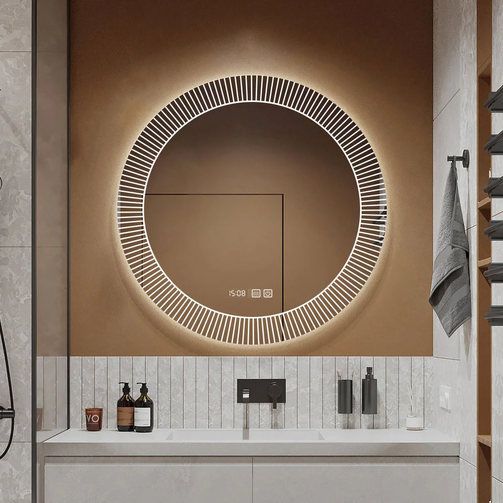 Modern Round Led Mirror Wall Mounted Touch Switch Screen Smart Mirror Silver Led Light Round Smart Mirror