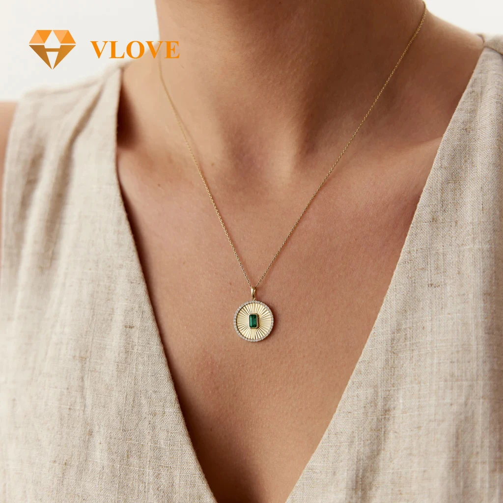 VLOVE Charm Jewelry Diamond Necklaces Jewelry 14K Emerald and Diamond Medallion Necklace