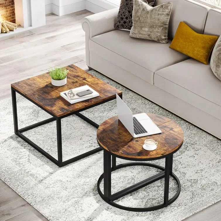 Contemporary Round Wooden Accent Coffee Table Set Baroque 3 In 1 Expanding Metal Tea Corner Center Table And Side Tables Set