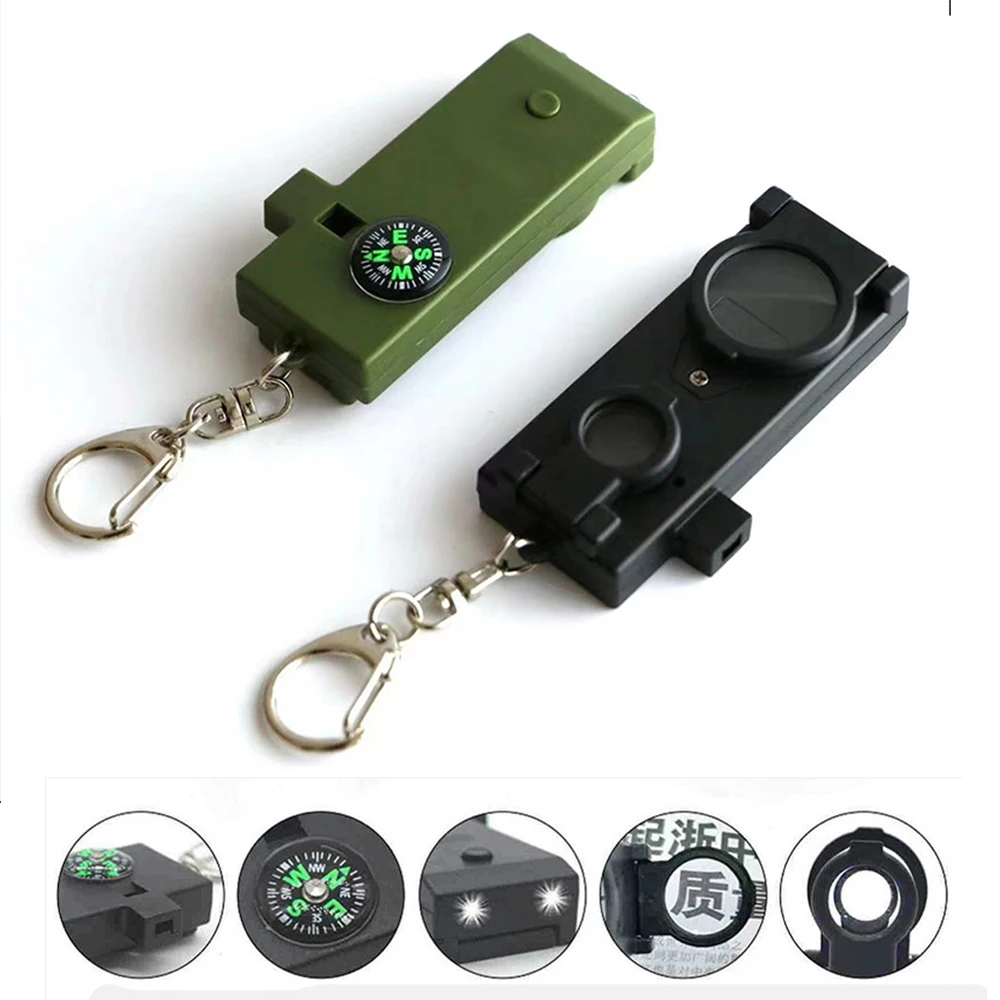 Outdoor Portable Camping Emergency Multifunction  compass 5 In 1 Whistle key chain