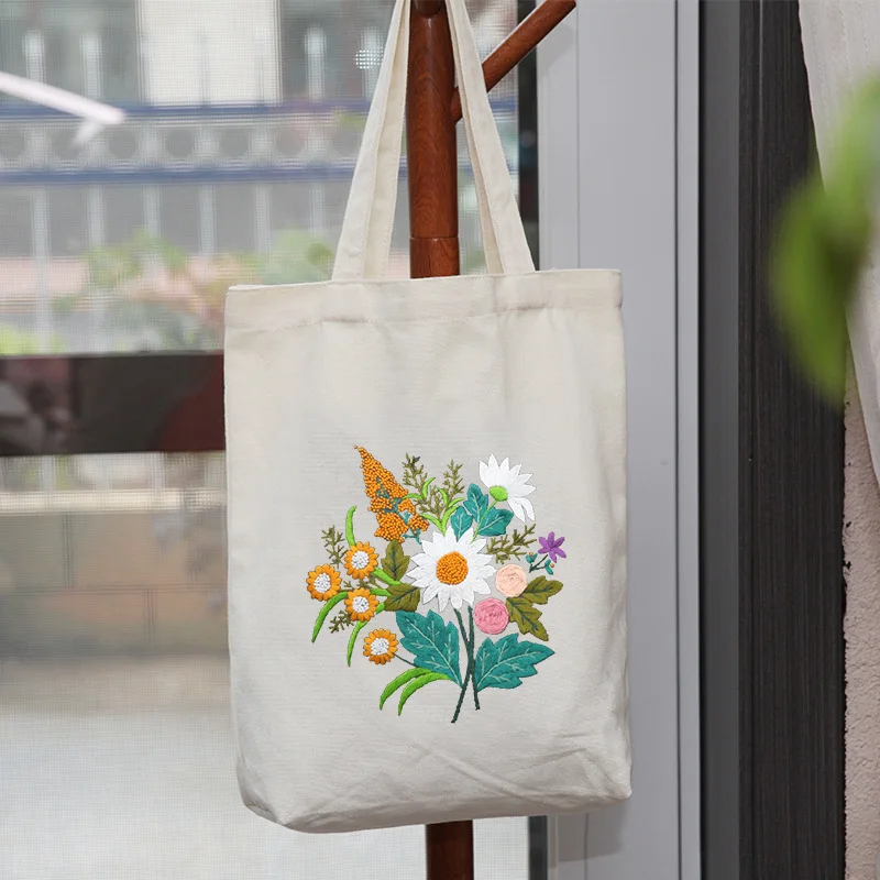 Embroidery Kit Canvas Tote Bags with Floral Patterns DIY Canvas Bag Cross Stitch Kits Included Bamboo Embroidery Hoops  Tools
