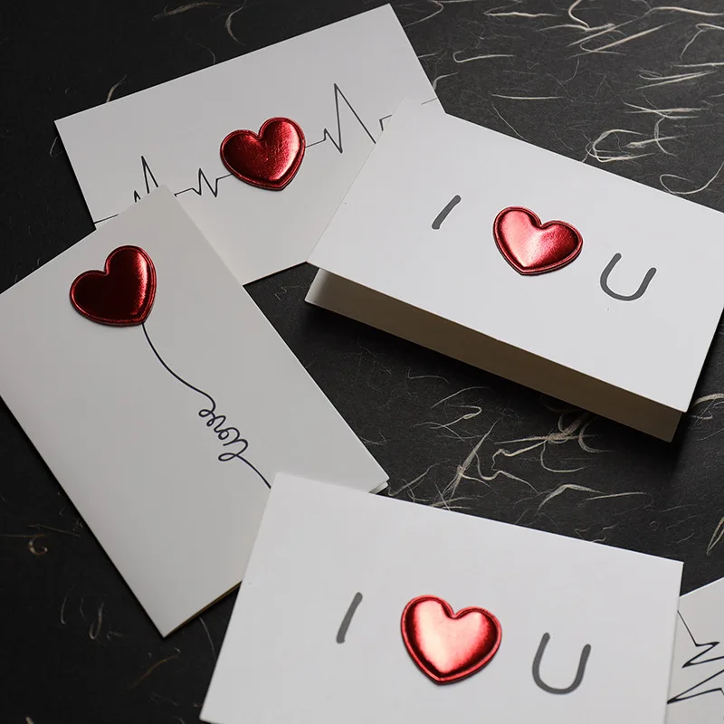 Wenzhou manufacturer recycled paper thank you greeting card with 3d leather red love heart, fashion simple thank you card