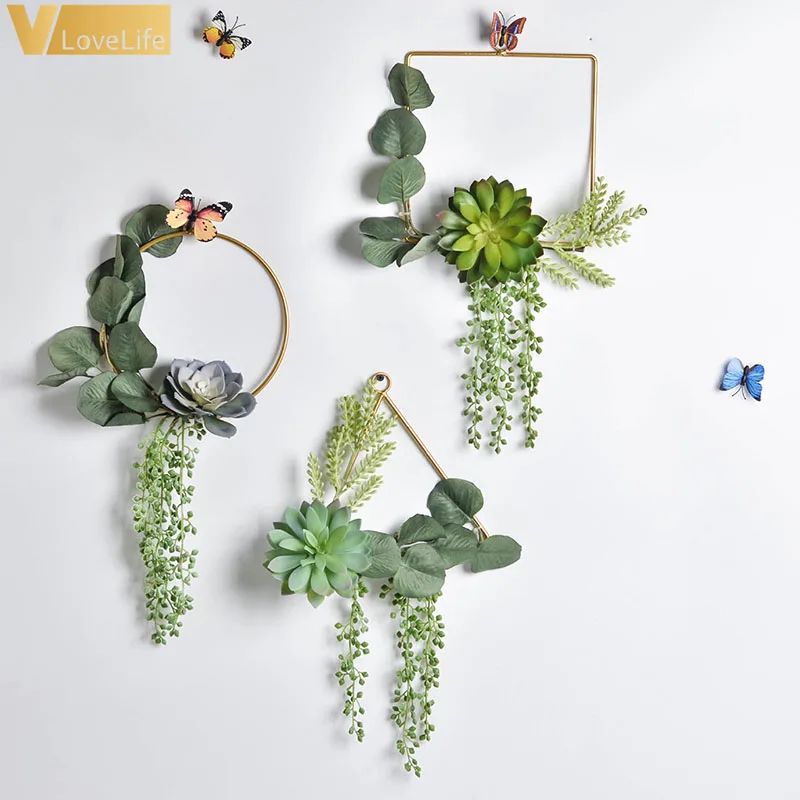 
Vlovelife 1pcs Artificial Flower Metal Geometric Round Triangle Square Frame Flower Arrangement Wreath Wall Hanging Decoration 