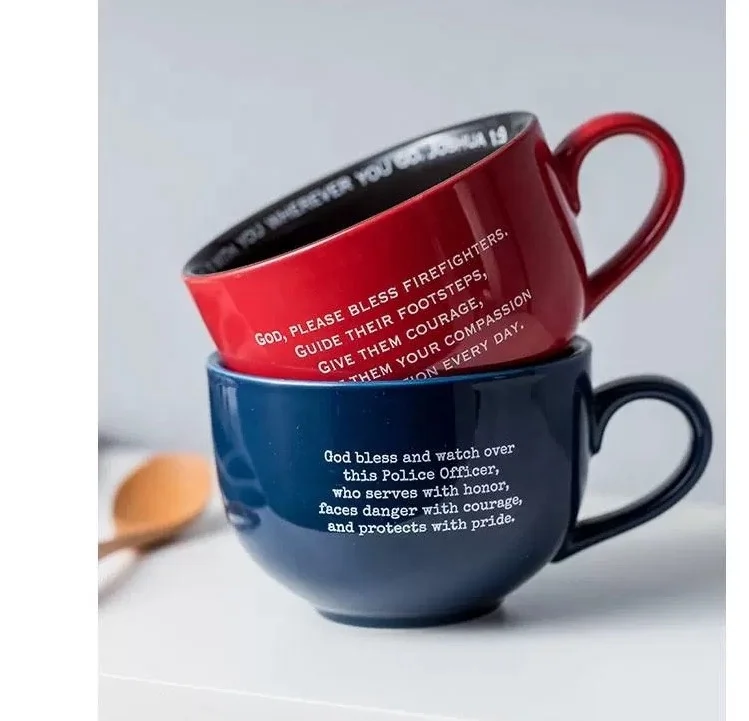 Large size  ceramic  mug for A Prayer Firefighters -Red color and Policers-blue color  Dishwasher and washing safe CA 65 safe